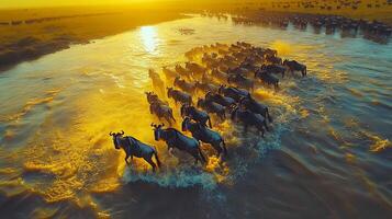 Aerial shot of massive wildebeest herd crossing muddy river during migration splashing water forming dynamic ripples under golden sunlight captured a wide angle drone camera for expansive depth photo