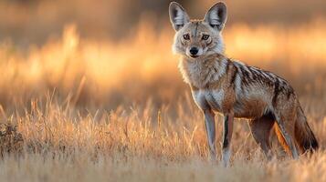 Aardwolf standing alert the golden grass of a savannah at twilight its striped coat glowing faintly under the fading light captured with a telephoto lens for dramatic effect photo