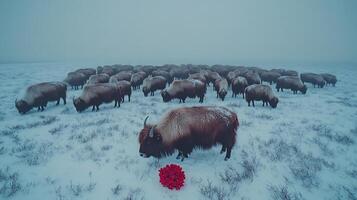 Aerial shot of musk ox herd grazing in a snow covered tundra their thick coats blending with the icy terrain captured with a drone camera under soft polar light for expansive depth photo