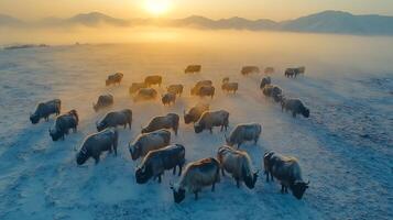 Aerial shot of yak herd grazing snowy Himalayan plateau their thick coats blending icy terrain soft sunlight casts long shadows across the ground captured with a drone camera for atmospheric depth photo