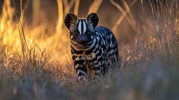 African civet stalking silently through tall grass dusk its distinct black and white patterns blending into the shadows captured with a low light telephoto lens for dramatic contrast photo