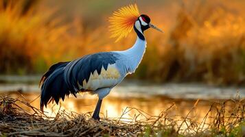 African crowned crane standing elegantly a wetland its golden crest glowing under the soft light of dawn captured with a telephoto lens for sharp subject isolation photo