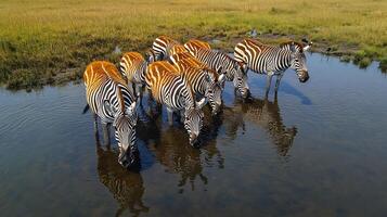 Aerial view of zebra herd drinking from a shallow waterhole surrounded by green marshlands their striped coats reflecting subtly in the still water captured with a drone camera for vivid contrast photo