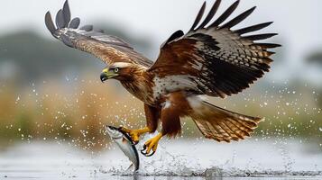 African fish eagle swooping over reflective lake with talons outstretched water splashing around as it grabs a fish captured with a high speed telephoto lens for dynamic motion photo