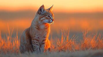 African wildcat sitting alert golden savannah grass at dusk its sleek coat glowing under the soft hues of sunset captured with a telephoto lens for an intimate wildlife portrait photo