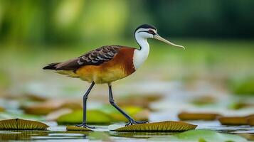 African jacana walking gracefully across floating lily pads a calm wetland its long toes delicately balancing its small frame captured with a telephoto lens for serene focus photo