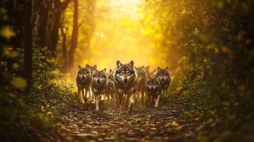 Alpha wolf leading pack through a dense forest with sunlight filtering through the trees captured with a telephoto lens to focus on the strength and dominance of the leader photo