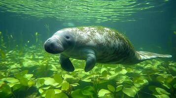 Amazonian manatee swimming lazily a quiet lagoon surrounded by floating vegetation its smooth body creating gentle ripples captured with an underwater wide angle lens for serene composition photo