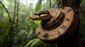 African rock python coiled tightly around tree branch in a dense jungle its patterned scales catching dappled sunlight captured with a telephoto lens for vivid texture and mood photo