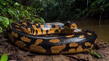 Anaconda coiled near edge of a riverbank in the dense Amazon rainforest its patterned scales shimmering under filtered sunlight captured with a low angle telephoto lens for dramatic tension photo