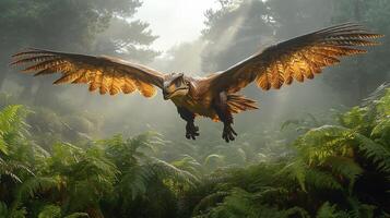 Archaeopteryx gliding between ancient ferns a misty Jurassic landscape its feathered wings glowing under diffused morning light captured with a telephoto lens for dynamic realism photo