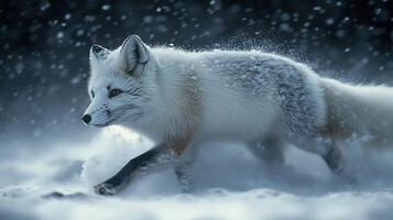 Arctic fox walking gracefully through snowstorm its thick white fur blending with the icy environment illuminated by diffused light captured with a telephoto lens for dramatic isolation photo