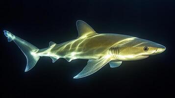 Australian ghost shark gliding gracefully the dark depths of the ocean its sleek body faintly glowing under bioluminescent light captured with a telephoto underwater lens for mysterious ambiance photo