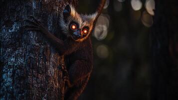Aye aye climbing tree in Madagascar at twilight its large glowing eyes and elongated fingers standing out in the dim light captured with a low light telephoto lens for dramatic focus photo