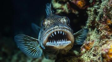 Atlantic wolffish peeking out of rocky crevice in the North Atlantic its sharp teeth and patterned skin illuminated by natural underwater light captured with a macro lens for eerie close up realism photo