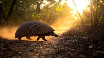 Armadillo crossing dusty forest trail at sunset its textured shell catching the warm golden light captured with a low angle lens for ground level detail photo