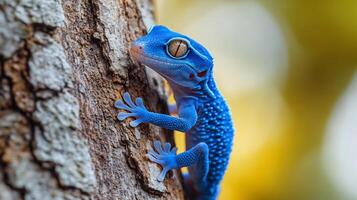 Electric blue gecko climbing textured tree trunk its vibrant coloration glowing under soft afternoon light captured with a macro lens for fine detail and vibrant contrast photo