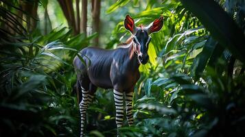 Elusive okapi standing amidst dense jungle foliage unique striped legs blending with the dappled light captured with a telephoto lens for natural framing photo
