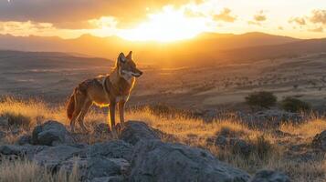 Ethiopian wolf stalking prey the highlands its fiery red coat contrasting with the rocky landscape under a golden sunrise captured with a telephoto lens for sharp focus photo