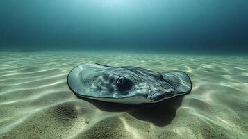 Electric ray resting the sandy ocean floor surrounded by faint ripples of light filtering through the water captured with an underwater macro lens for intricate texture photo
