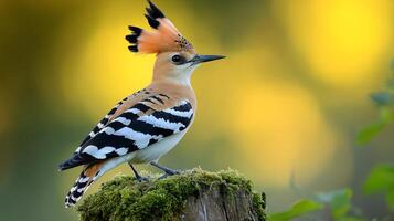 Eurasian hoopoe perched a mossy tree stump in an open meadow its crest raised as sunlight highlights its striking plumage captured with a telephoto lens for sharp detail photo