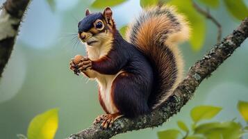Indian giant squirrel perched high the treetops its bushy tail curling behind it as it nibbles on a nut captured with a telephoto lens for dynamic depth photo