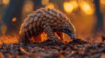 Indian pangolin digging into dry forest soil its powerful claws throwing dirt into the air under the golden glow of sunset captured with a telephoto lens for dynamic action photo