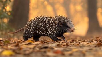 Indian porcupine cautiously walking across forest clearing spines raised defensively as soft afternoon light filters through the trees captured with a low angle telephoto lens for immersive detail photo
