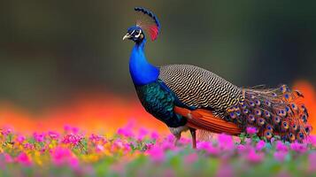 Indian peafowl displaying colorful feathers in a vibrant meadow its intricate patterns glowing under soft morning light captured with a telephoto lens for vivid focus photo