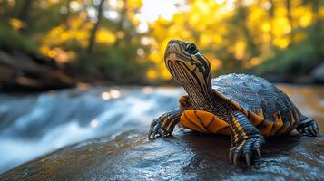 Indian river terrapin basking a sunlit rock by a flowing river its textured shell and surroundings glowing under warm light captured with a telephoto lens for vivid detail photo