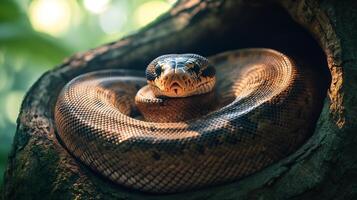 Indian rock python coiled inside tree hollow in a dense forest its scales glistening under soft filtered sunlight captured with a telephoto lens for sharp focus and vivid texture photo