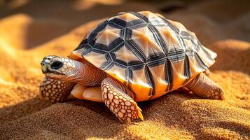 Indian star tortoise crawling across warm textured sand intricately patterned shell casting small shadows in the soft sunlight captured with a macro lens to emphasize detail photo