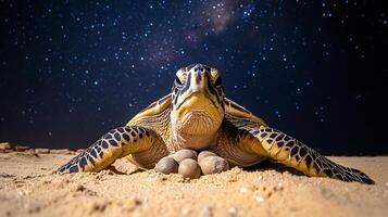 Olive ridley turtle laying eggs a sandy beach under a star filled night sky its slow movements illuminated by soft natural light captured with a low light wide angle lens for a serene setting photo