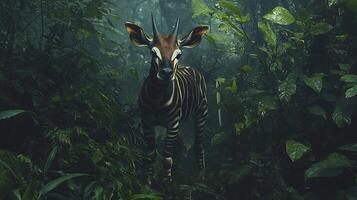 Okapi emerging misty rainforest foliage its striped legs blending into the dense greenery illuminated by soft diffused light captured with a telephoto lens for ethereal mood photo