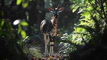 Okapi emerging cautiously dense jungle shadows its striped legs and smooth coat glowing under scattered sunlight captured with a telephoto lens for serene focus photo