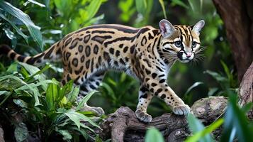 Ocelot emerging cautiously dense undergrowth into a jungle clearing its striking spotted coat blending into the shadows captured with a shallow depth of field to isolate the felines movements photo