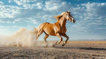 Onager galloping across sunlit desert plain with dust rising behind it as it moves toward a distant horizon captured with a high speed telephoto lens for dynamic motion photo