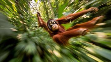 Orangutan swinging vines in a dense tropical forest its movement frozen mid air captured with a high speed telephoto lens to emphasize the dynamic action and the lush greenery photo