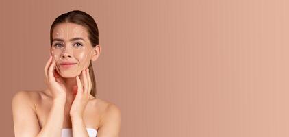 A woman engaged in a skincare routine, applying products to her face. She smiles while enjoying some personal pampering in a calming environment with empty space around her. photo