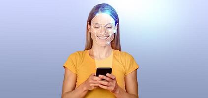 A person stands isolated, engaging with their smartphone while facial recognition technology scans their face. The background is an empty gradient, emphasizing the tech interaction. photo