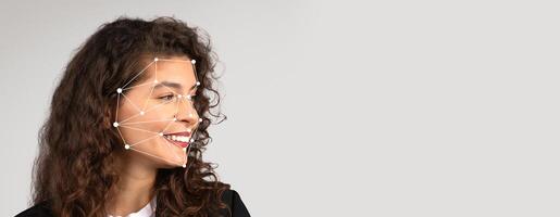 Innovative facial recognition technology showcases a woman's profile with facial landmarks highlighted, emphasizing identification capabilities and the advancement of technology in security measures. photo