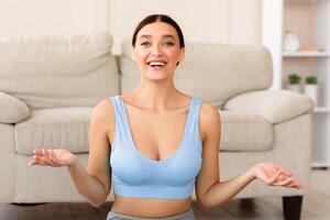 Stay Fit. Fitness Woman Blogger Showing Her Training At Home Exercising And Making For Blog. photo