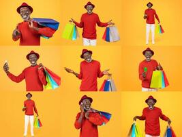 A joyful person in a red outfit showcases a collection of colorful shopping bags while enjoying a successful shopping spree. Excitement is captured through phone calls and happy expressions. photo