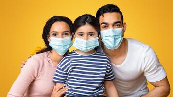 Portrait Of Happy Arab Family With Little Daughter Wearing Protective Medical Masks On Face And Looking At Camera, Middle Eastern Parents And Their Child Following Measures Against Coronavirus photo