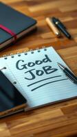 Motivational note on notebook with pen and smartphone on wooden desk during productive work session photo