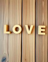 Wooden letters spelling love displayed against a textured wood background photo