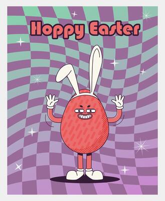 Trendy Groovy retro 70s easter posters with Gloved egg in bunny ears and inscription hoppy easter. Funky old vintage cartoon characters and elements.
