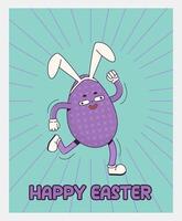 Trendy Groovy retro 70s easter posters with Gloved egg in bunny ears and inscription happy easter. Quirky old vintage cartoon characters and elements. vector