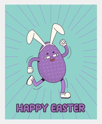 Trendy Groovy retro 70s easter posters with Gloved egg in bunny ears and inscription happy easter. Quirky old vintage cartoon characters and elements.
