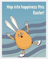 Trendy Groovy retro 70s Easter web banner with quirky Easter eggs in bunny ears and hop into happiness this Easter inscription. Whimsical old vintage cartoon characters and elements. vector